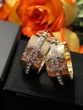 CHANEL 22S Gold & Crystal Hoop CC Logo Earrings with Original Box/Ribbon